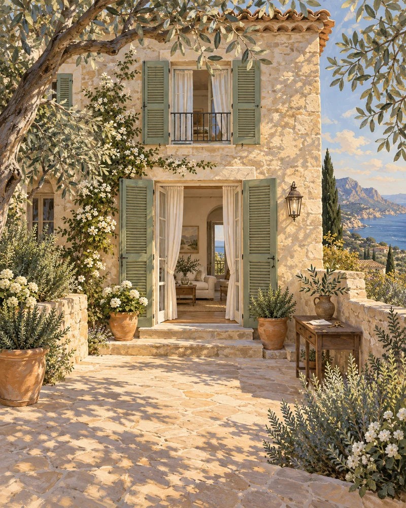 Illustration d’une maison corse en pierre aux volets ouverts, avec une cour fleurie et un olivier
