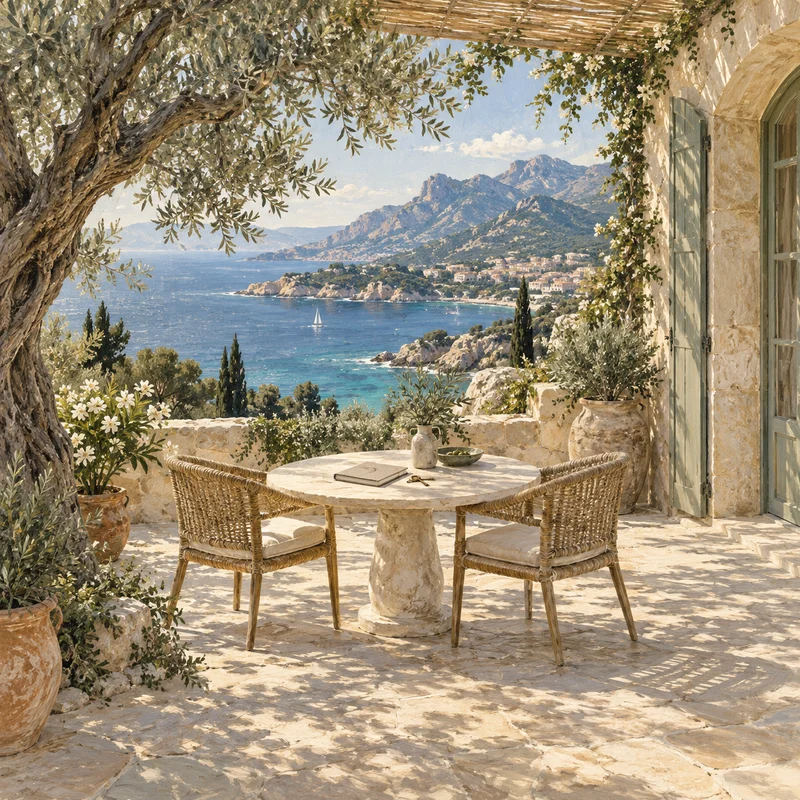 Illustration d’une terrasse corse sous un olivier, avec une table, deux fauteuils et une vue sur la mer