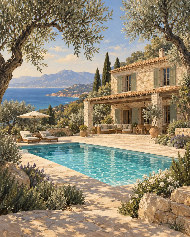 Illustration d’une maison corse en pierre, entourée d’oliviers, avec une piscine et la mer en arrière-plan