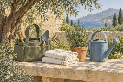 Illustration d’outils, de linge et de plantes pour le soin de la maison
