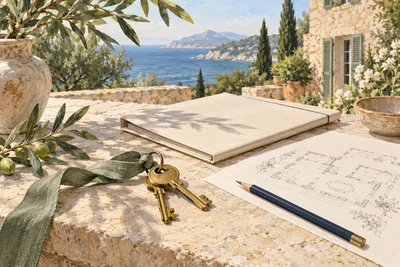 Illustration de clés et d’un dossier de maison sur une terrasse corse