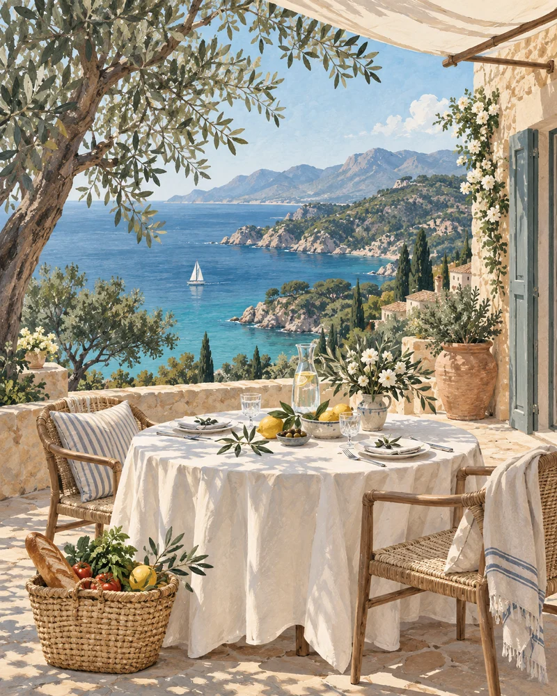 Illustration d’une terrasse corse : table dressée, panier de courses et voilier sur la mer